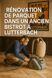 propose moi une image Rénovation de parquet dans un ancien bistrot à Lutterbach avec l'affiche bière de lutterbach a l'arrière pour les ponceurs reunis
